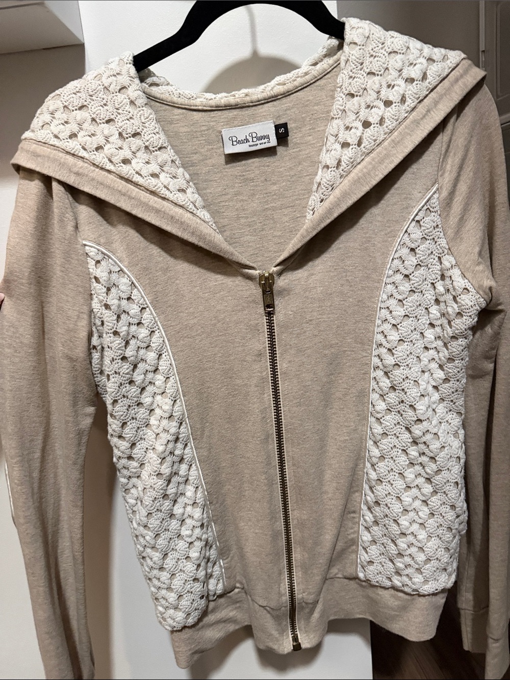 Beach Bunny Beige Hoodie with Cream Crochet Insets